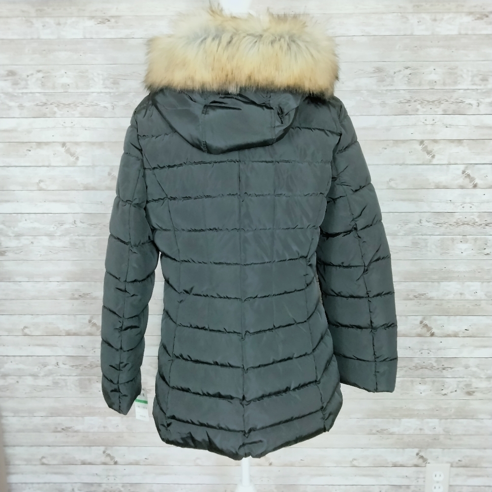 INC Puffer Coat L Faux Fur Trim Black O - Picture 4 of 7